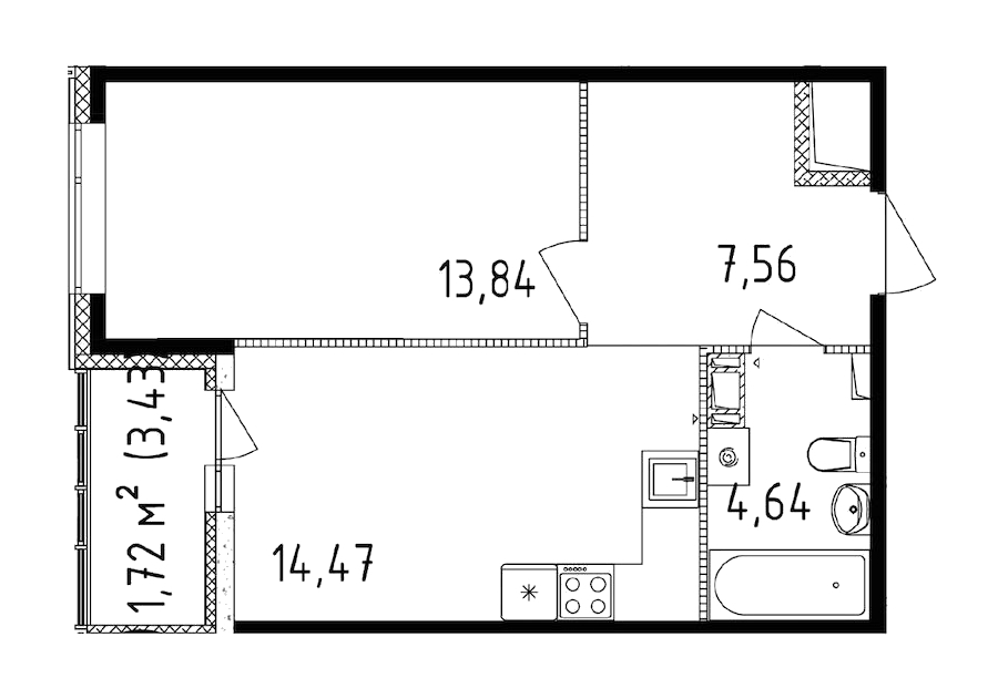 1-комнатная квартира 43.94 м², 14/14 эт., ЖК «Чёрная речка(Nordest)»